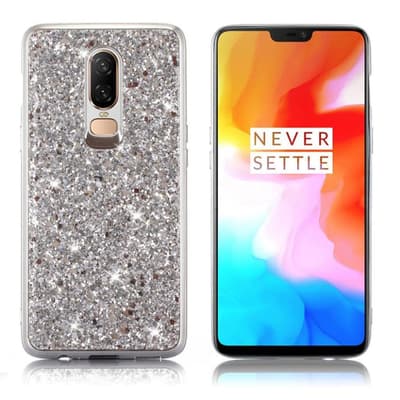 OnePlus 6 mobiletui i silikone med glittermønster - Sølv