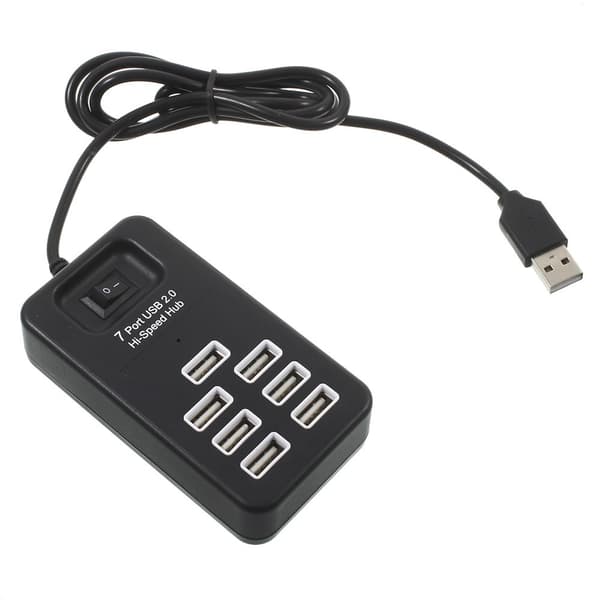 Kannettava 7-porttinen USB 2.0 keskitin 1m kaapelilla ja virtakytkimellä - musta