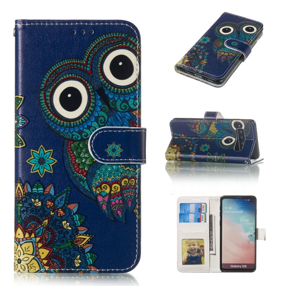 Samsung Galaxy S10 Suojakotelo Korttitasku Motiv Väriglad Uggla Sininen