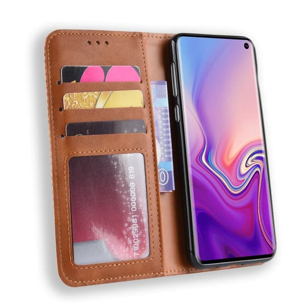 Samsung Galaxy S10E Kotelo Vintage PU-nahka Ruudukon Kuvio Ruskea