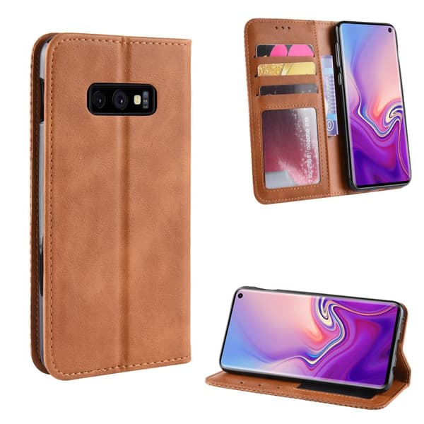 Samsung Galaxy S10E Kotelo Vintage PU-nahka Ruudukon Kuvio Ruskea