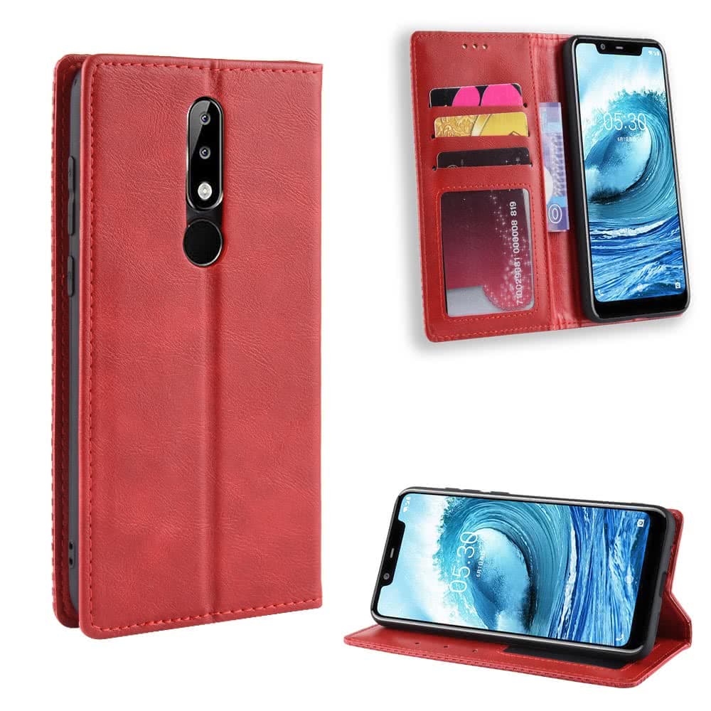 Nokia 5.1 Plus Plånboksfodral Vintage PU-läder Rutmönster Röd