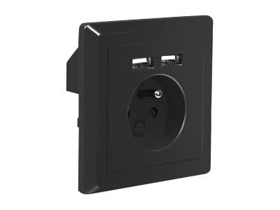 Lanberg - Strømsokkel-pistorasia - 2P+E - Tyyppi E, USB - med lukkere - 1 jengi - 1 strømsokkel, 2 USB-sokler - 2.1 A - grå, sort, RAL 7021