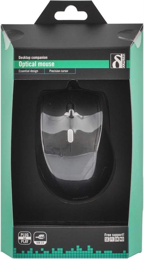 DELTACO optisk mus, 4 knappar med scroll, ergonomisk form