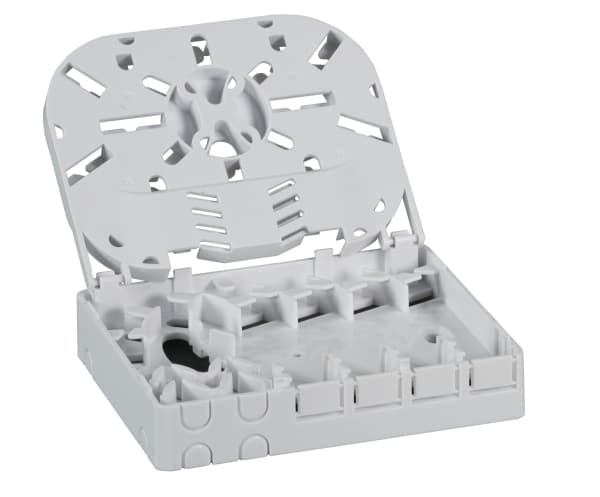 FTTH innendørs DIN-skinneboks for 4 fibre, 4 koblinger og holder for overflødig fiber (FTTH-BOX-IN-5)