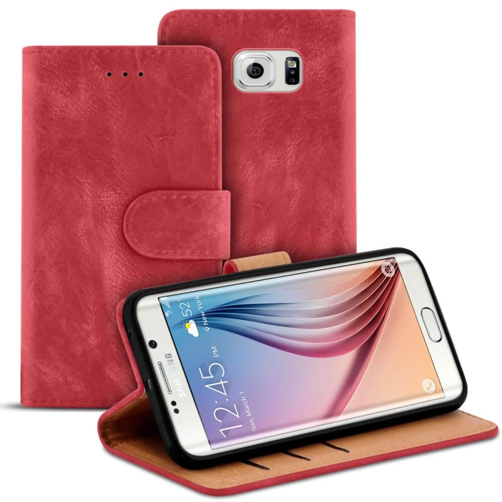 Vintage mikrokuitukotelo Samsung Galaxy S6 Edge TPU -korttipaikkakotelolle, punainen