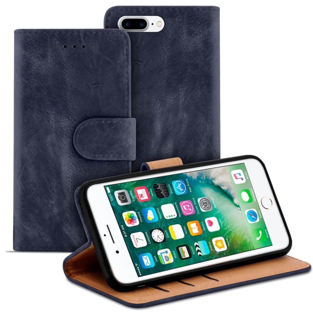 Apple iPhone 7 Plus / 8 Plus Kortfack Konstläder Flott Vintage Plånbok Marinblå