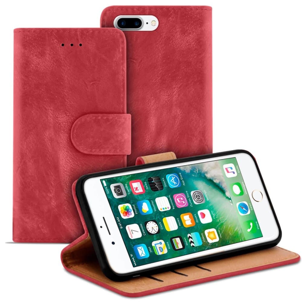 Vintage-mikrokuitukotelo Apple iPhone 7 Plus / 8 Plus -nahkaa varten, kaunis punainen