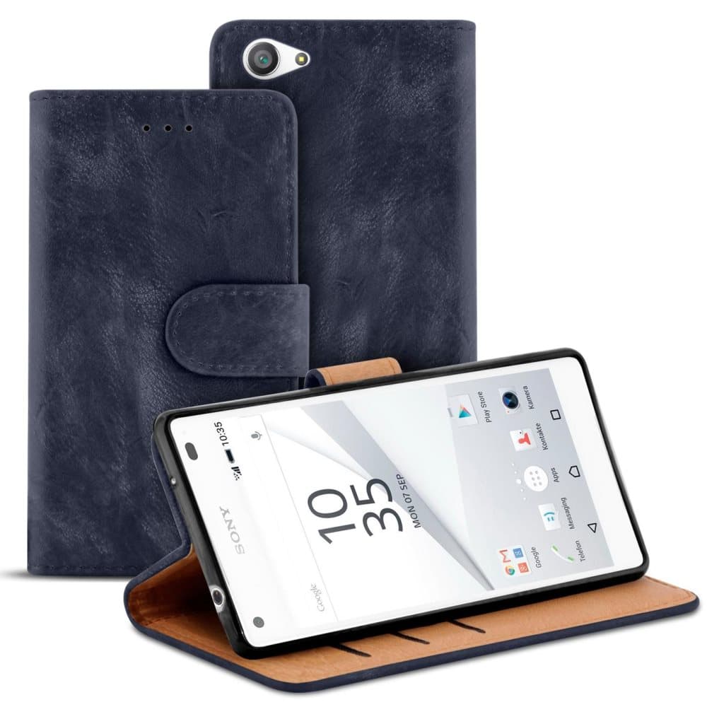 Sony Xperia Z5 Compact Magnetlås Plånbok Konstläder Vintage Kortfack Marinblå