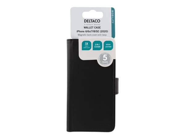 DELTACO - Lommebok for mobiltelefon - gummiert - svart - for Apple iPhone 7, 8, SE (2nd generation)