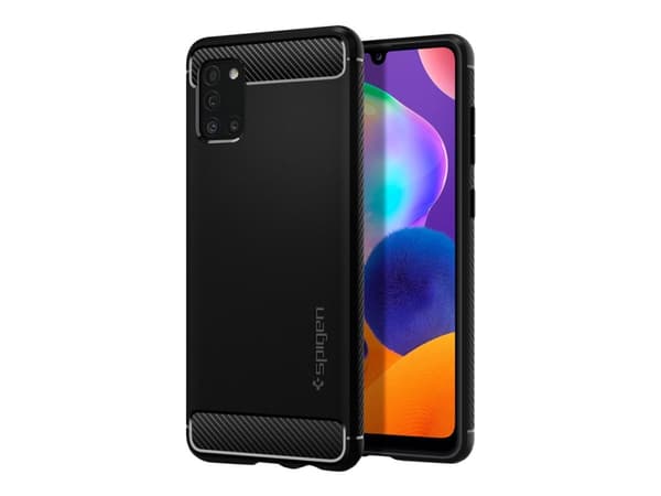 Spigen Rugged Armor - Baksidesskydd för mobiltelefon - kolfiber, termoplastisk polyuretan (TPU) - mattsvart - för Samsung Galaxy A31