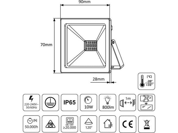 Maclean slim LED-flomlys 10W, 800lm Cold White (6000K) Maclean Energy MCE510 CW, IP65, PREMIUM
