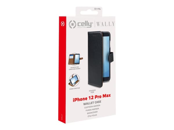 Celly Wally WALLY1004 - Vikbart fodral för mobiltelefon - konstläder - svart - för Apple iPhone 12, 12 Pro