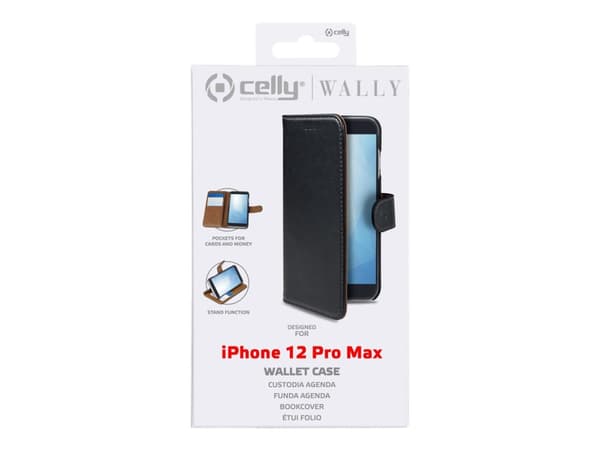 Celly Wally WALLY1004 - Vikbart fodral för mobiltelefon - konstläder - svart - för Apple iPhone 12, 12 Pro
