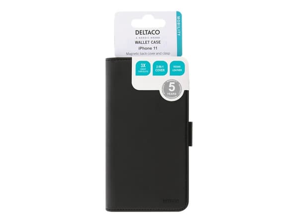 DELTACO Mobility Wallet Case 2-in-1 - Vikbart fodral för mobiltelefon - konstläder - svart - för Apple iPhone 11