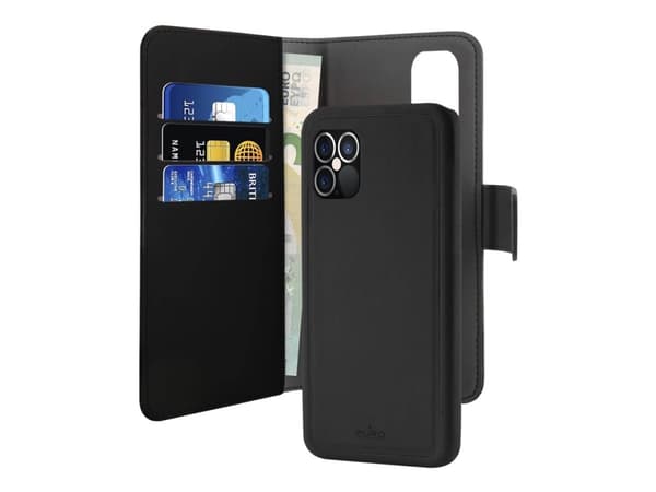 PURO Wallet 2 in1 - Lommebok for mobiltelefon - økolær - svart - for Apple iPhone 12 Pro Max