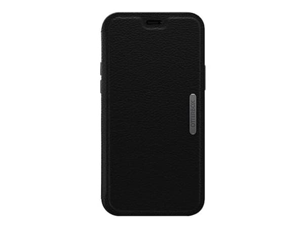 OtterBox Strada Series Folio - Vikbart fodral för mobiltelefon - läder, polykarbonat, metallspärr - skuggsvart - för Apple iPhone 12, 12 Pro