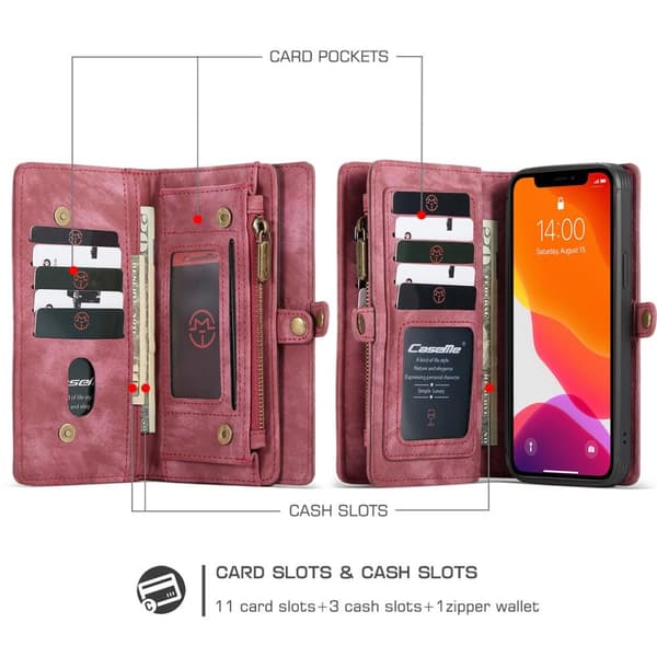 CASEME iPhone 12/iPhone 12 Pro 2-i-1 tegnebog telefonskal - rød