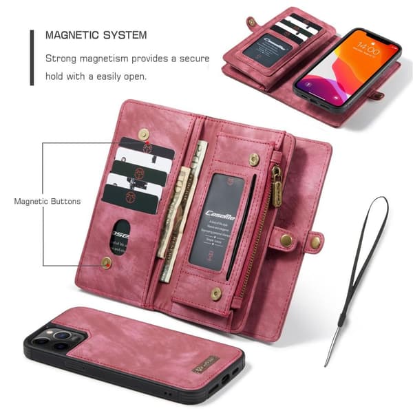 CASEME iPhone 12/iPhone 12 Pro 2-i-1 tegnebog telefonskal - rød