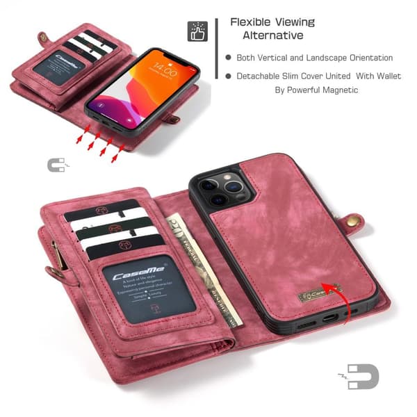 CASEME iPhone 12/iPhone 12 Pro 2-i-1 tegnebog telefonskal - rød