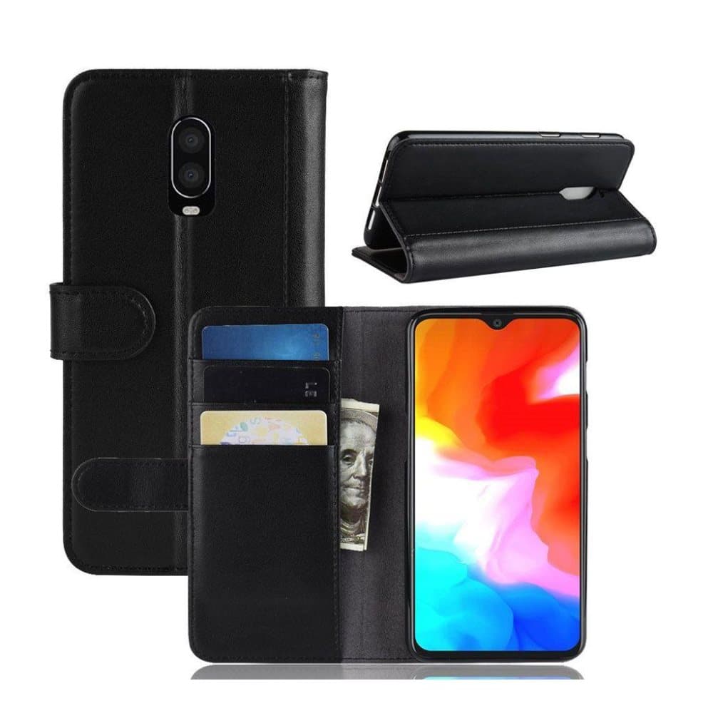 OnePlus 6T mobiletui i splidtet læder med pung - Sort