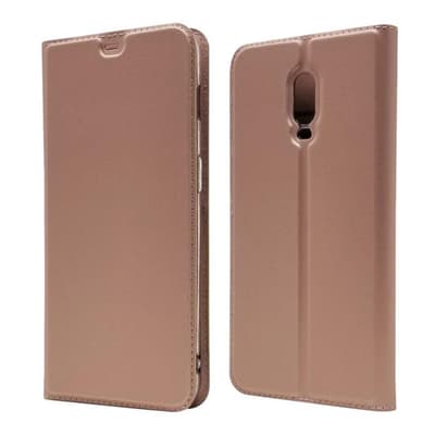 OnePlus 6T mobiletui i kunstlæder med kortholder - Rosa Guld