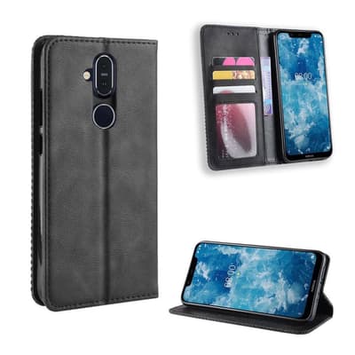 Nokia 8.1 vintage stil læder flip etui - Sort