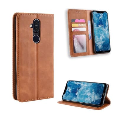 Nokia 8.1 vintage stil læder flip etui - Brun