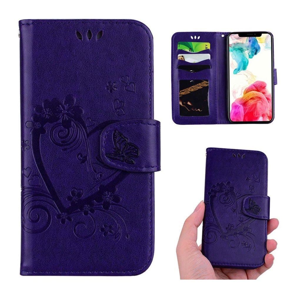 iPhone Xs Max imprint heart flower leather flip case - Purpl