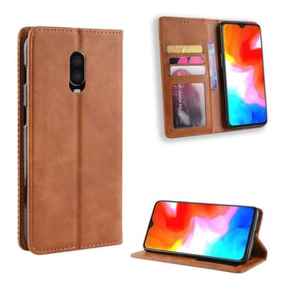 OnePlus 6T vintage stil læder flip etui - Brun
