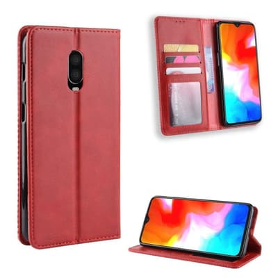 OnePlus 6T vintage stil læder flip etui - Rød