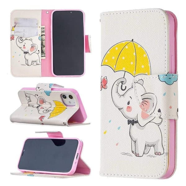 Lompakkokotelo iPhone 12 Mini - Elefantti Sateenvarjolla