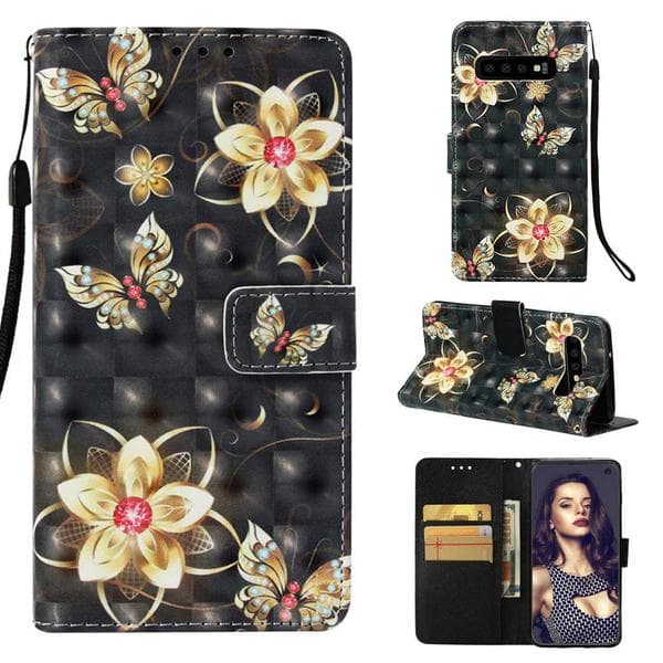 Plånboksfodral Samsung Galaxy S10 - Blommor i Guld