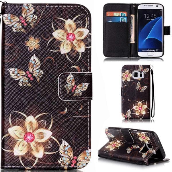 Plånboksfodral Samsung Galaxy S7 - Blommor i Guld