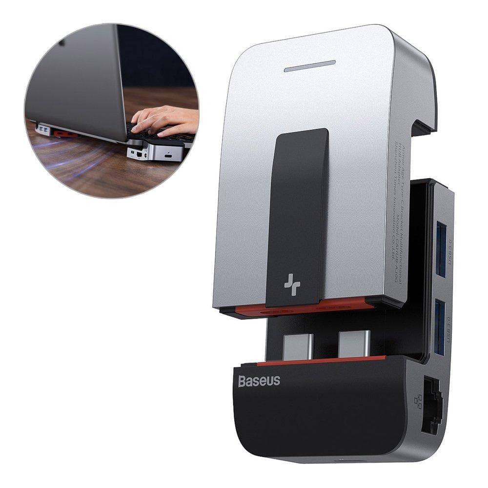 Baseus laptop stand multifunctional HUB USB Typ C - USB 3.0 / RJ45 / 3,5 mm mini jack / HDMI / USB Typ C / Thunderbolt 3 for MacBook Pro gray (CAHUB-A