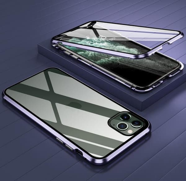 iPhone 11 Pro MAX Magnetiskt skal Härdat glas 360° skydd LILA