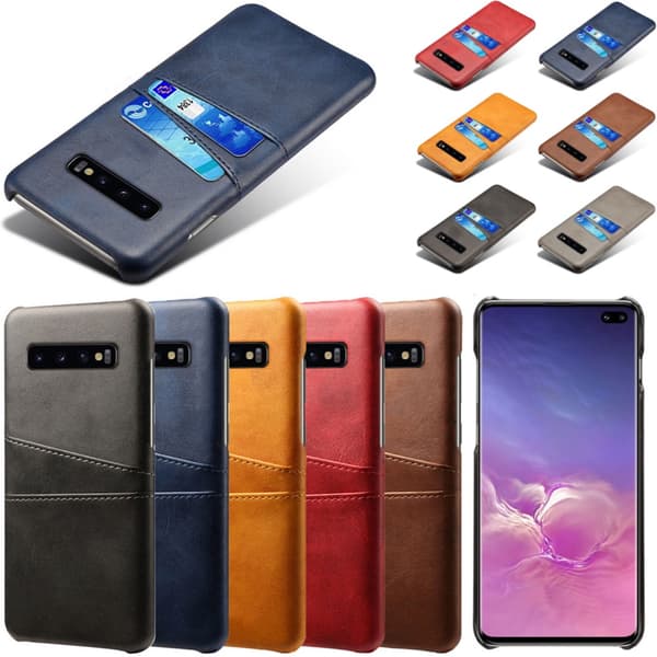 Samsung S10+ skydd skal fodral skinn kort visa amex mastercard Blå