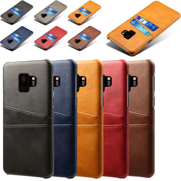 Samsung S9+ skydd skal fodral skinn åt kort visa amex mastercard Ljusbrun