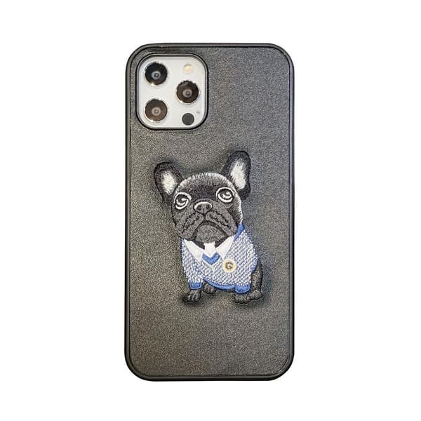 iPhone 12 Pro Max -kotelo, jossa brodeerattu mopsi keinonahkainen koira