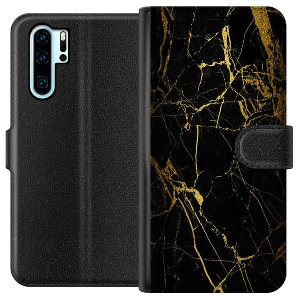 Huawei P30 Pro Lompakkokotelo Marmori Musta & Kulta