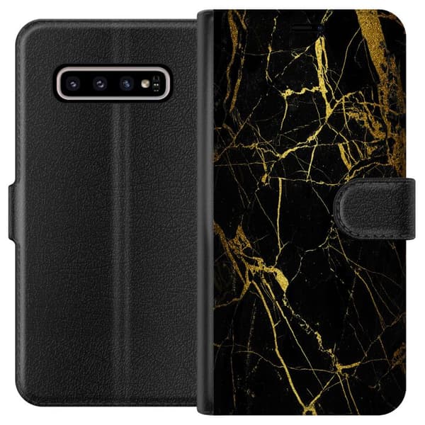Samsung Galaxy S10+ Lompakkokotelo Marmori Musta & Kulta