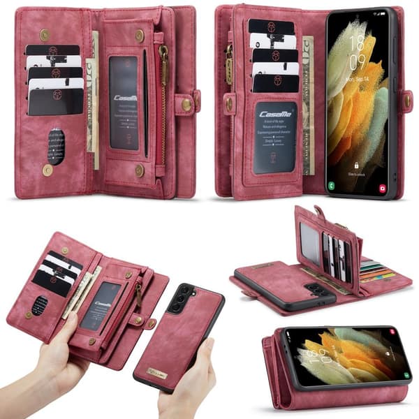 CASEME Samsung Galaxy S21 Retro Lær Lommebok-deksel - Rød