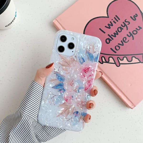 iPhone 12 Pro Max case kunstig perlemor solsikkeblomster Pink