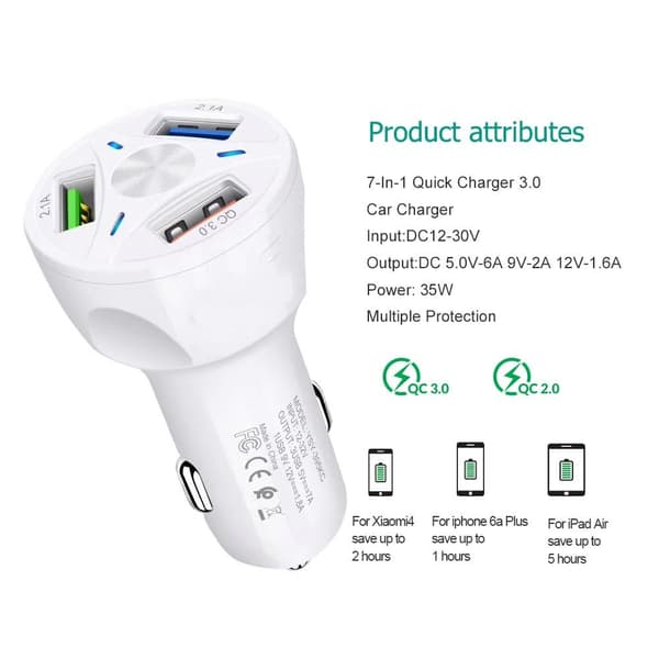4-portar Snabbladdning USB-billaddare  35W vit