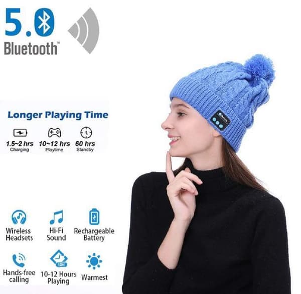 Bluetooth-hatt med pompon (blå)