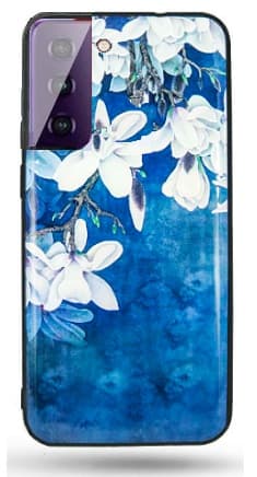 Samsung Galaxy S21 Skal - Blått med Vita Blommor