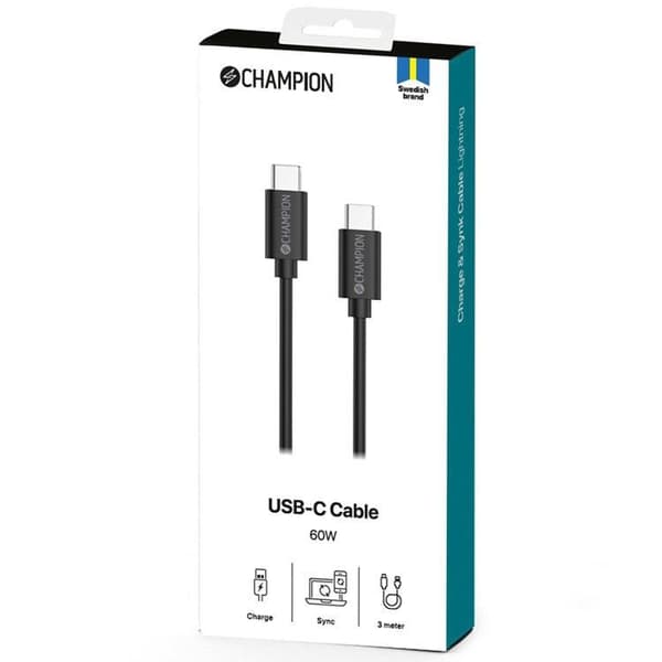 CHAMPION USB-C till USB-C kabel 60W 2m - Svart