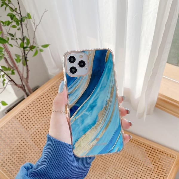 iPhone 12, 12 Pro & 12 Pro Max Cover i akvarel i blåt guld marmor