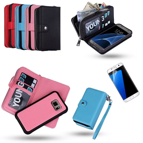 Samsung Galaxy S7 - Leather Case/Wallet + Protection Pink