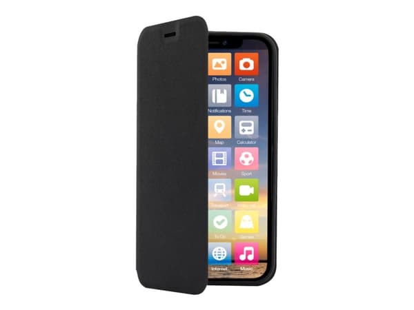 Screenor Clever - Vikbart fodral för mobiltelefon - eco-läder - svart - för Apple iPhone 12, 12 Pro